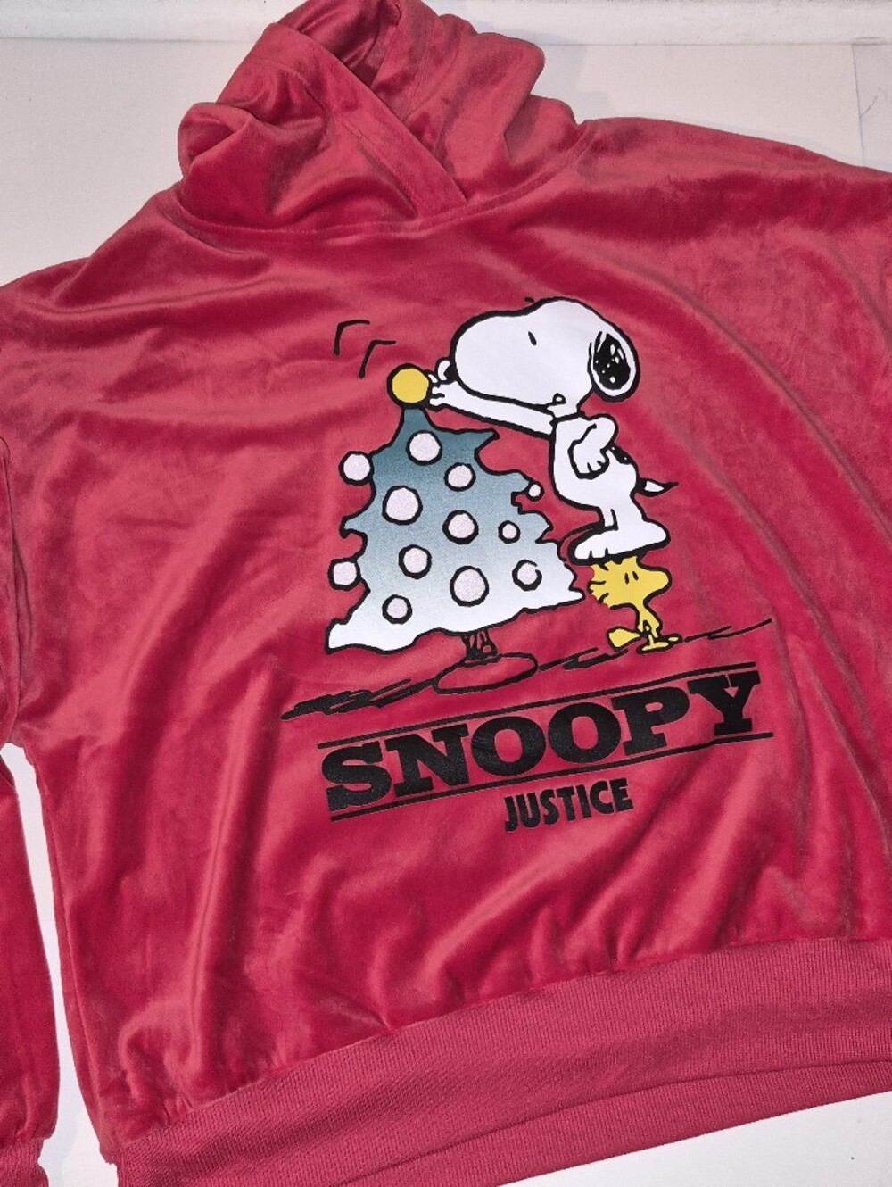 Justice Girls Holiday Christmas Red Snoopy Soft Velvet Pullover Hoodie XL